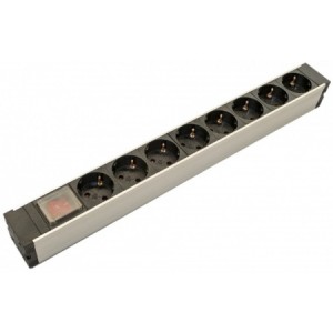 Блок розеток 19", с выкл. с подсветкой, 8 розеток Schuko (10А), без каб. пит., вх. роз. IEC60320 C14